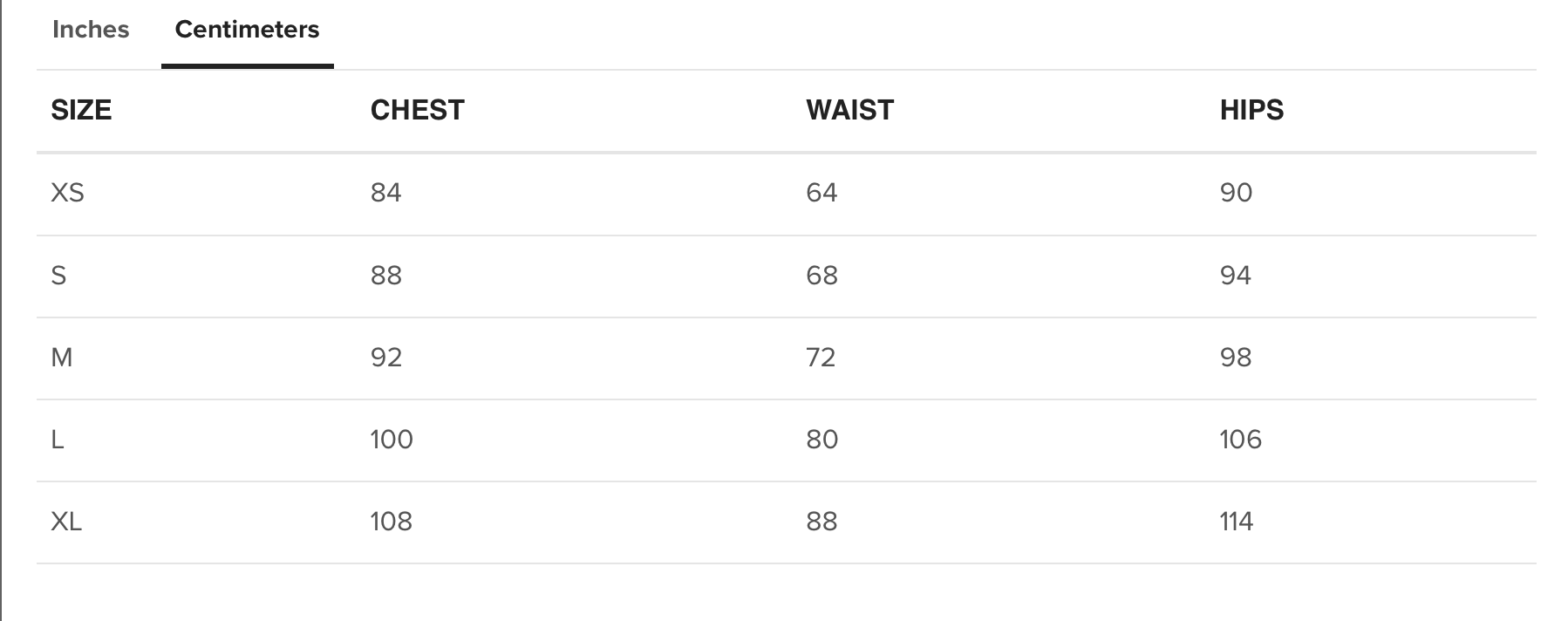 Capri Leggings Size Chart (centimeters)