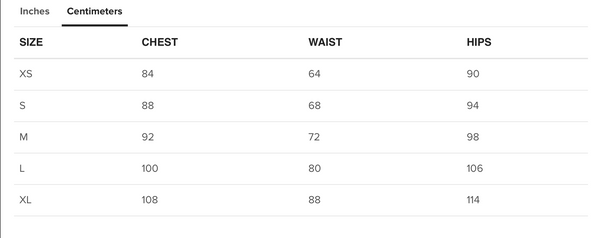 Capri Leggings Size Chart (centimeters)